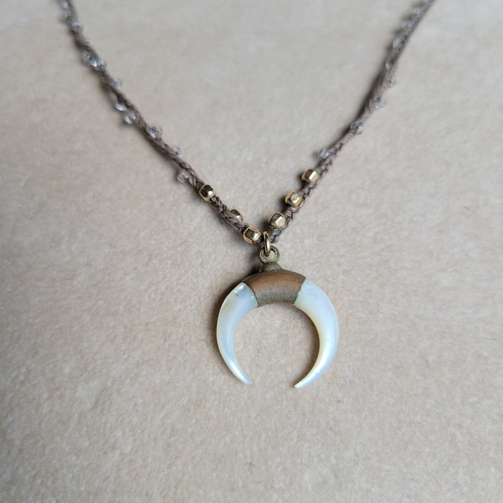 Arrtisan Mother of Pearl Double Horn Necklace Brown Gold Filled Boho Minimalist